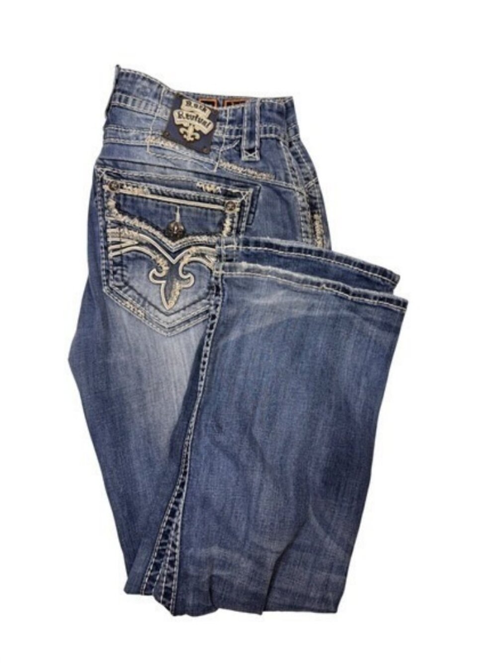 Rock Revival Indus Boot Distressed Blue Jeans Mens 38x30 Thick Stitch Denim